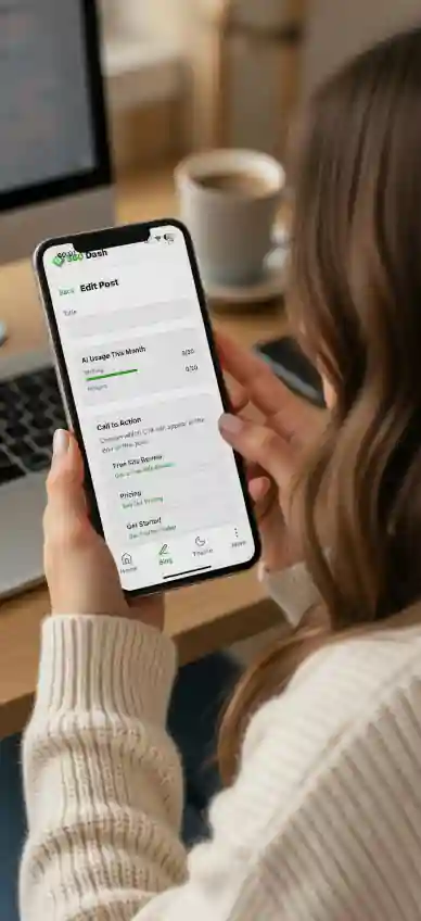 Person holding phone showing 360Dash blog editor