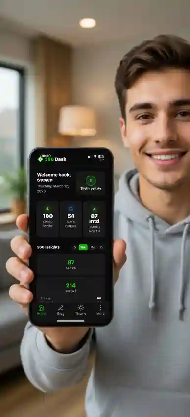 Man holding phone showing 360Dash dashboard