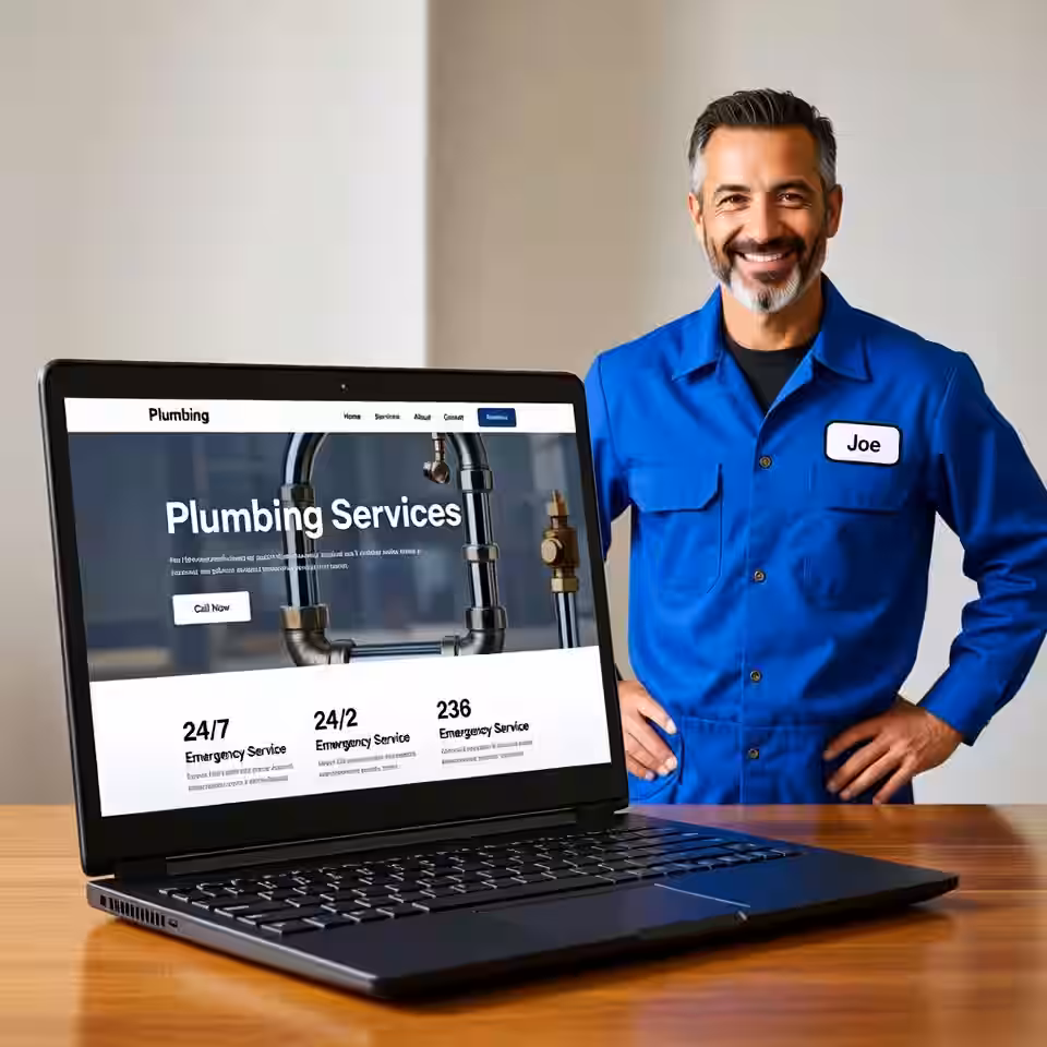 Plumber reviewing their business website on a laptop