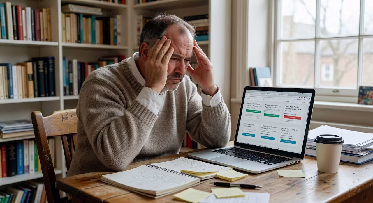 A tradesman comparing website options on a laptop