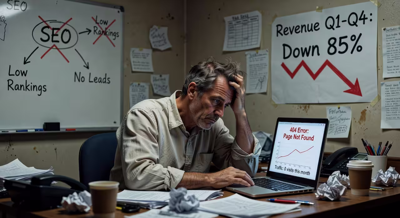 A business owner frustrated with poor website performance and SEO