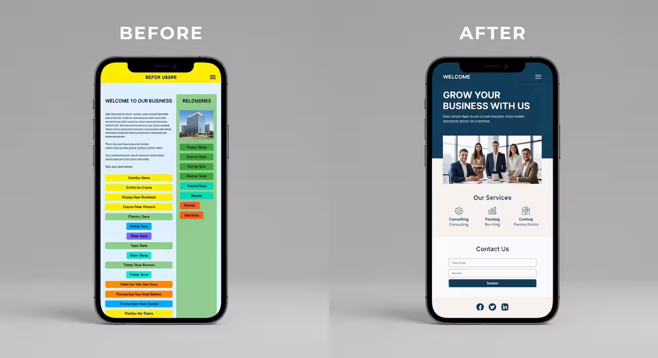 Split-screen comparison of an outdated website versus a modern design