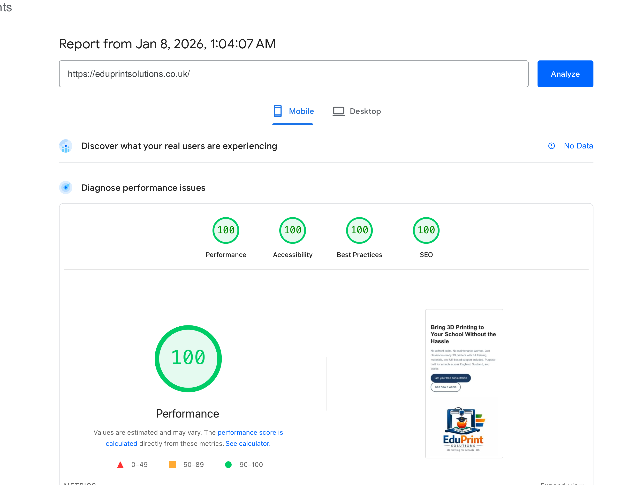 Eduprint Solutions PageSpeed score showing 100/100 across all metrics